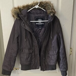 Zenana Outfitters Gray Bomber Jacket with Faux Fur Hood